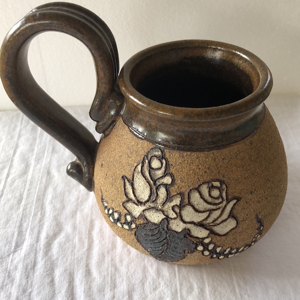 Gorgeous Clay Belly Mexican Stoneware Mug/Cup with carved Floral Design, 14oz